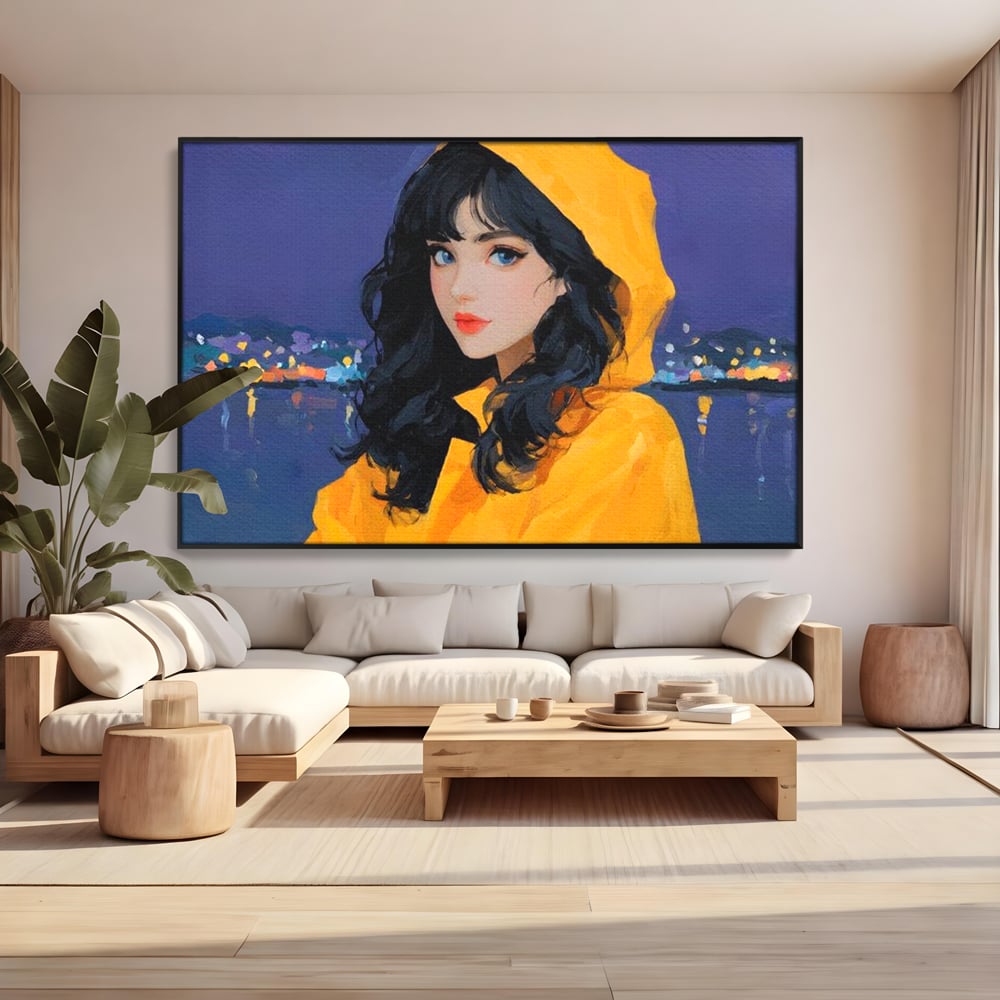 Tablou canvas cu tablou canvas cu femeie in pelerina galben, in rama de aluminiu negru, pe perete intr-un living